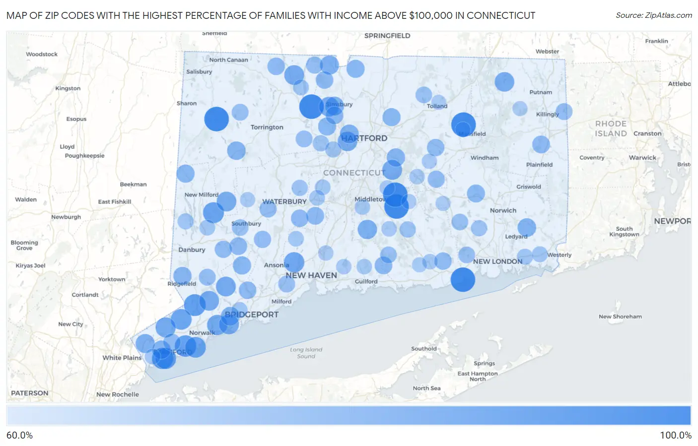 Zip Codes with the Highest Percentage of Families with Income Above $100,000 in Connecticut Map