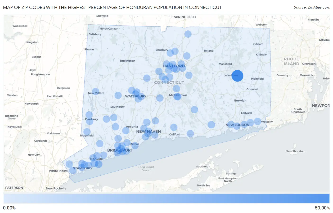 Zip Codes with the Highest Percentage of Honduran Population in Connecticut Map