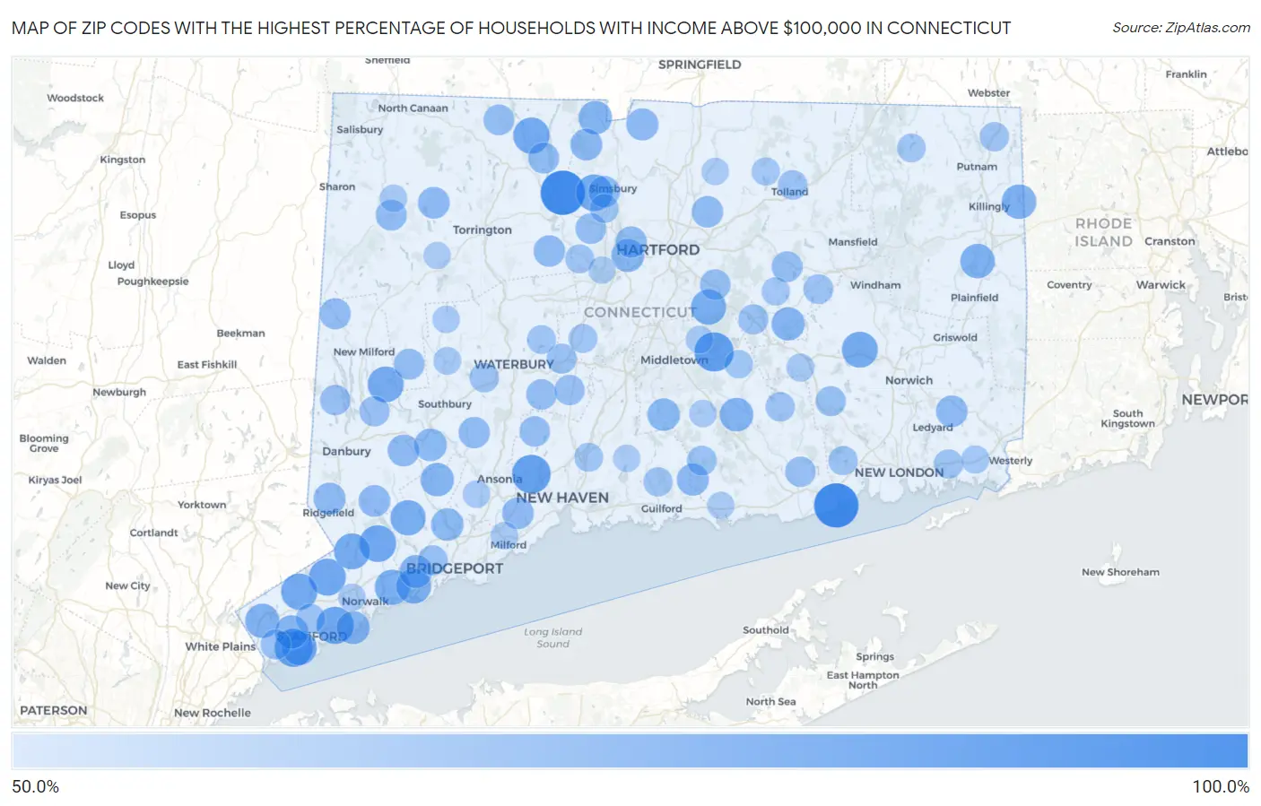 Zip Codes with the Highest Percentage of Households with Income Above $100,000 in Connecticut Map