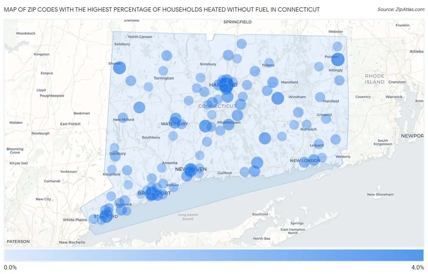 Zip Codes with the Highest Percentage of Households Heated without Fuel in Connecticut Map