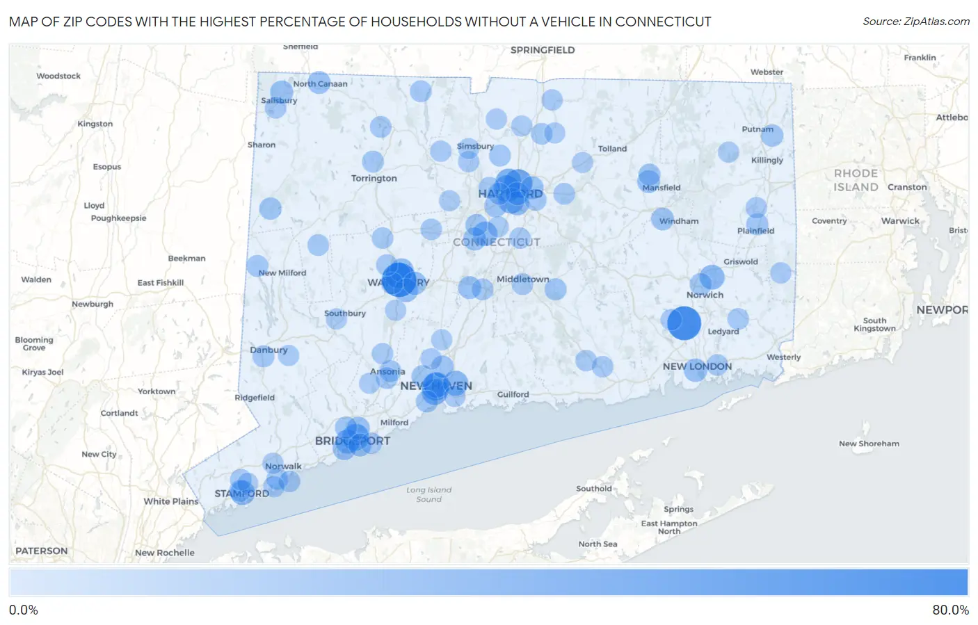 Zip Codes with the Highest Percentage of Households Without a Vehicle in Connecticut Map