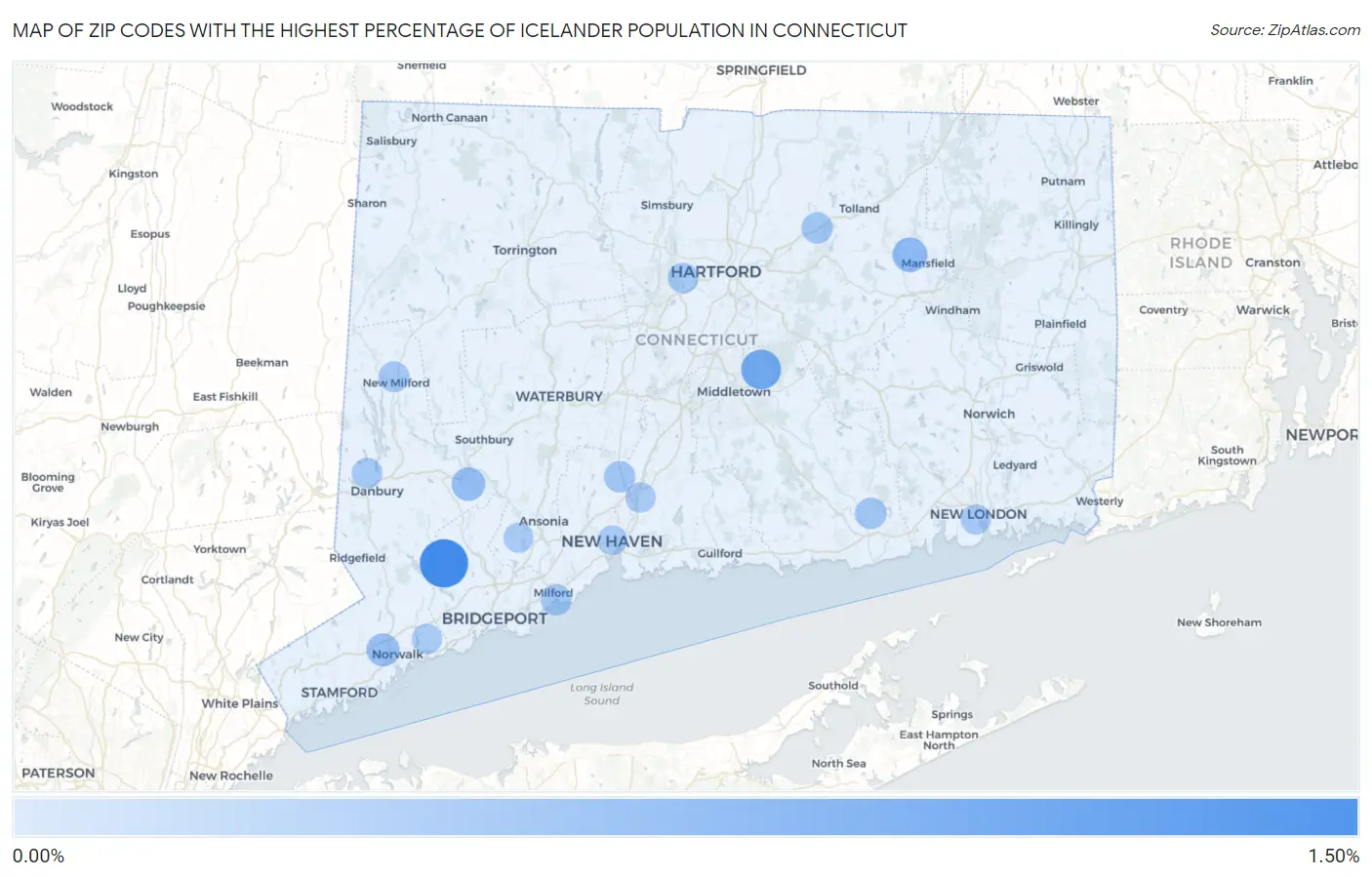 Zip Codes with the Highest Percentage of Icelander Population in Connecticut Map