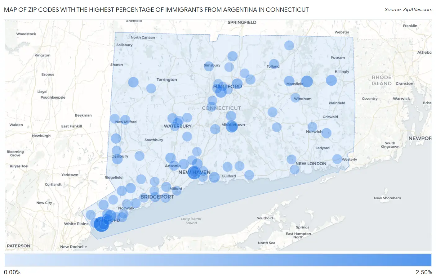 Zip Codes with the Highest Percentage of Immigrants from Argentina in Connecticut Map