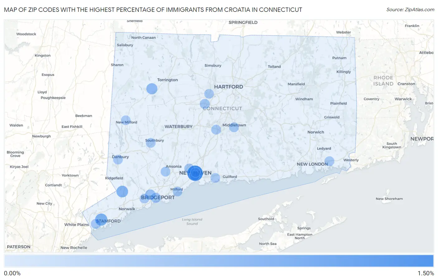 Zip Codes with the Highest Percentage of Immigrants from Croatia in Connecticut Map