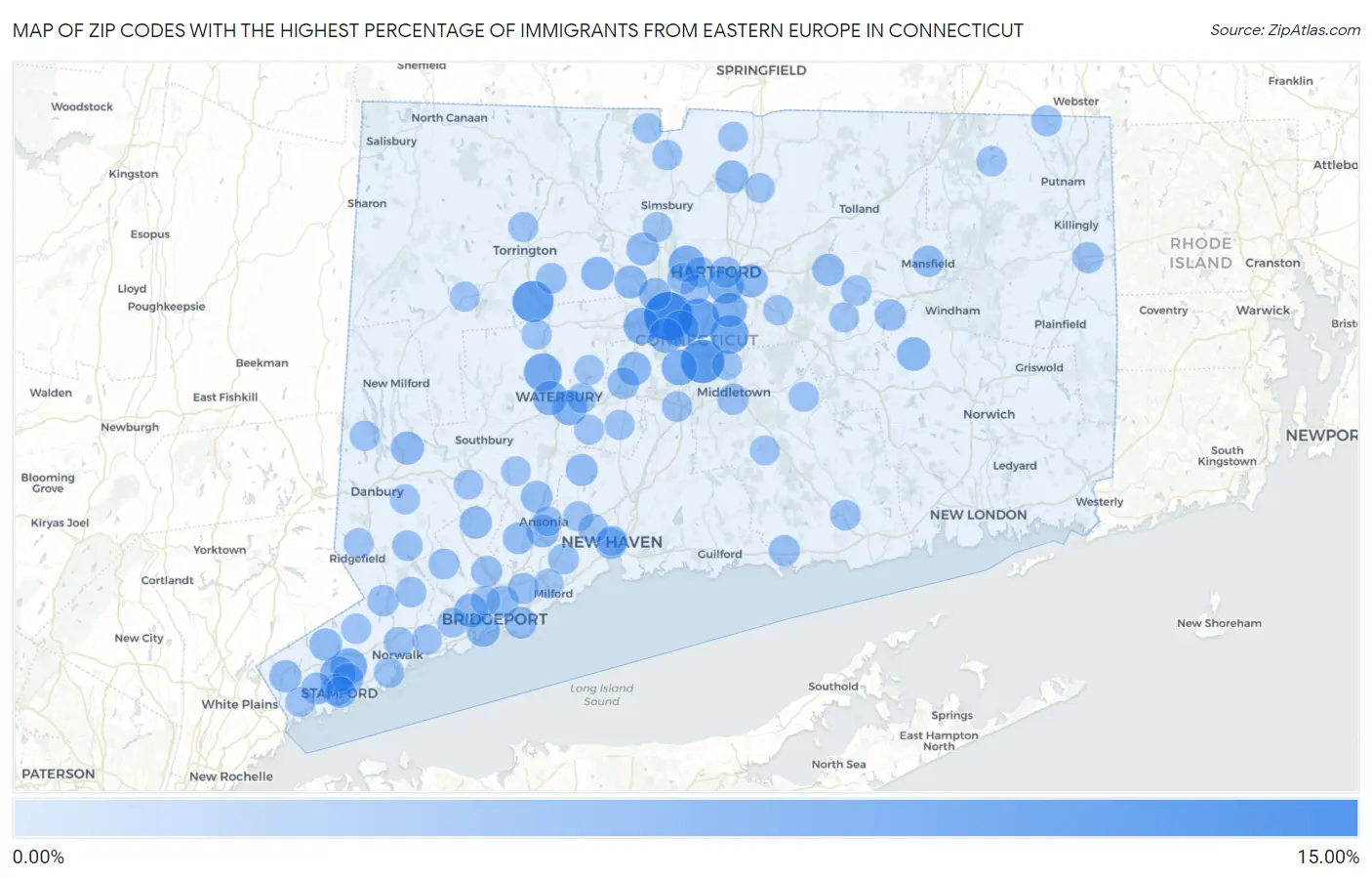 Zip Codes with the Highest Percentage of Immigrants from Eastern Europe in Connecticut Map