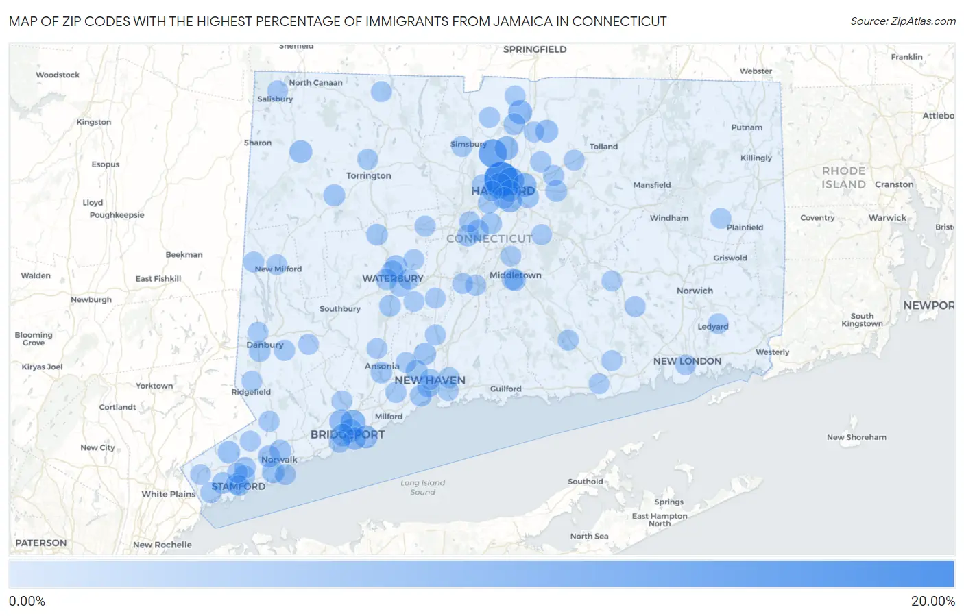 Zip Codes with the Highest Percentage of Immigrants from Jamaica in Connecticut Map