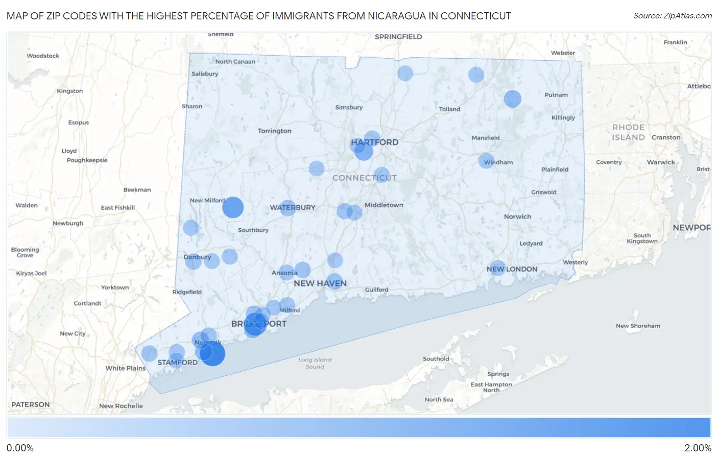 Zip Codes with the Highest Percentage of Immigrants from Nicaragua in Connecticut Map