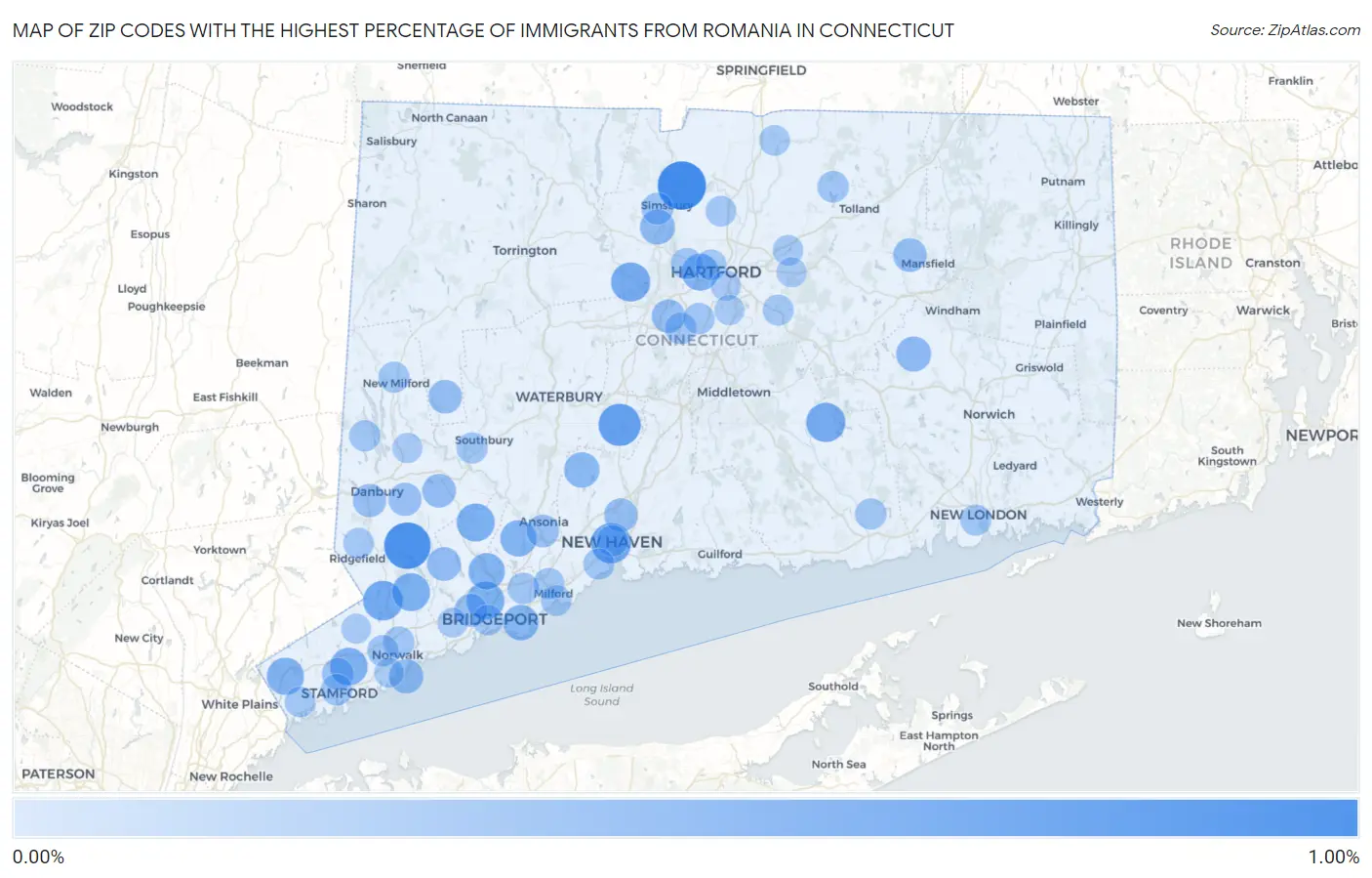 Zip Codes with the Highest Percentage of Immigrants from Romania in Connecticut Map