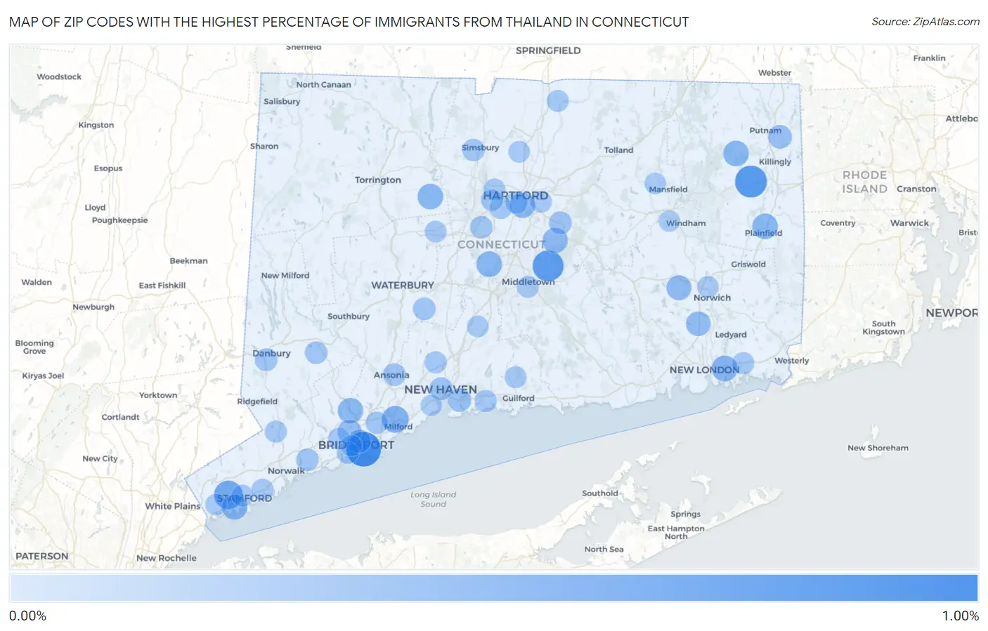 Zip Codes with the Highest Percentage of Immigrants from Thailand in Connecticut Map