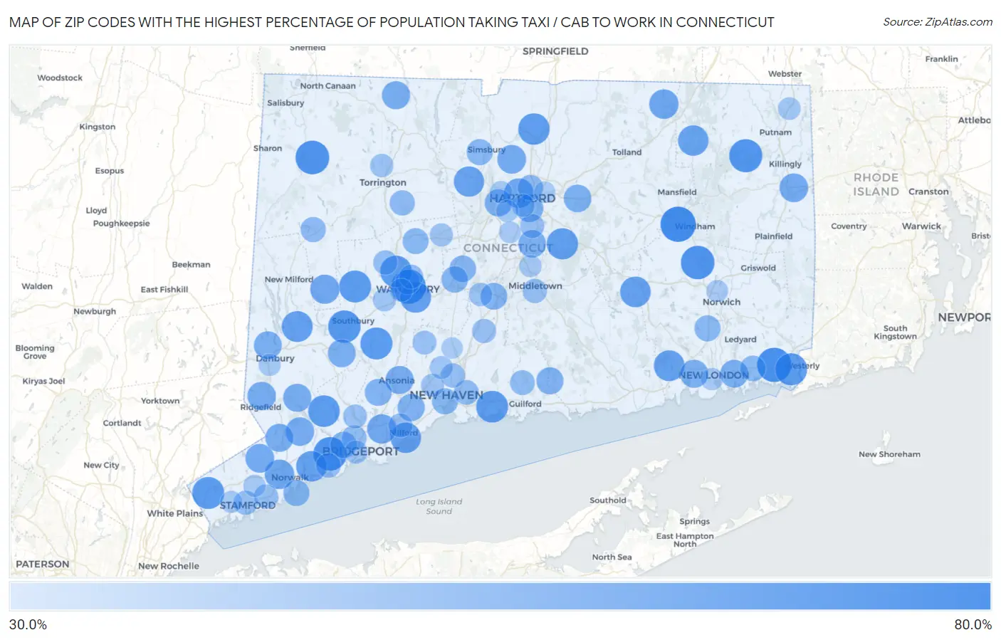 Zip Codes with the Highest Percentage of Population Taking Taxi / Cab to Work in Connecticut Map