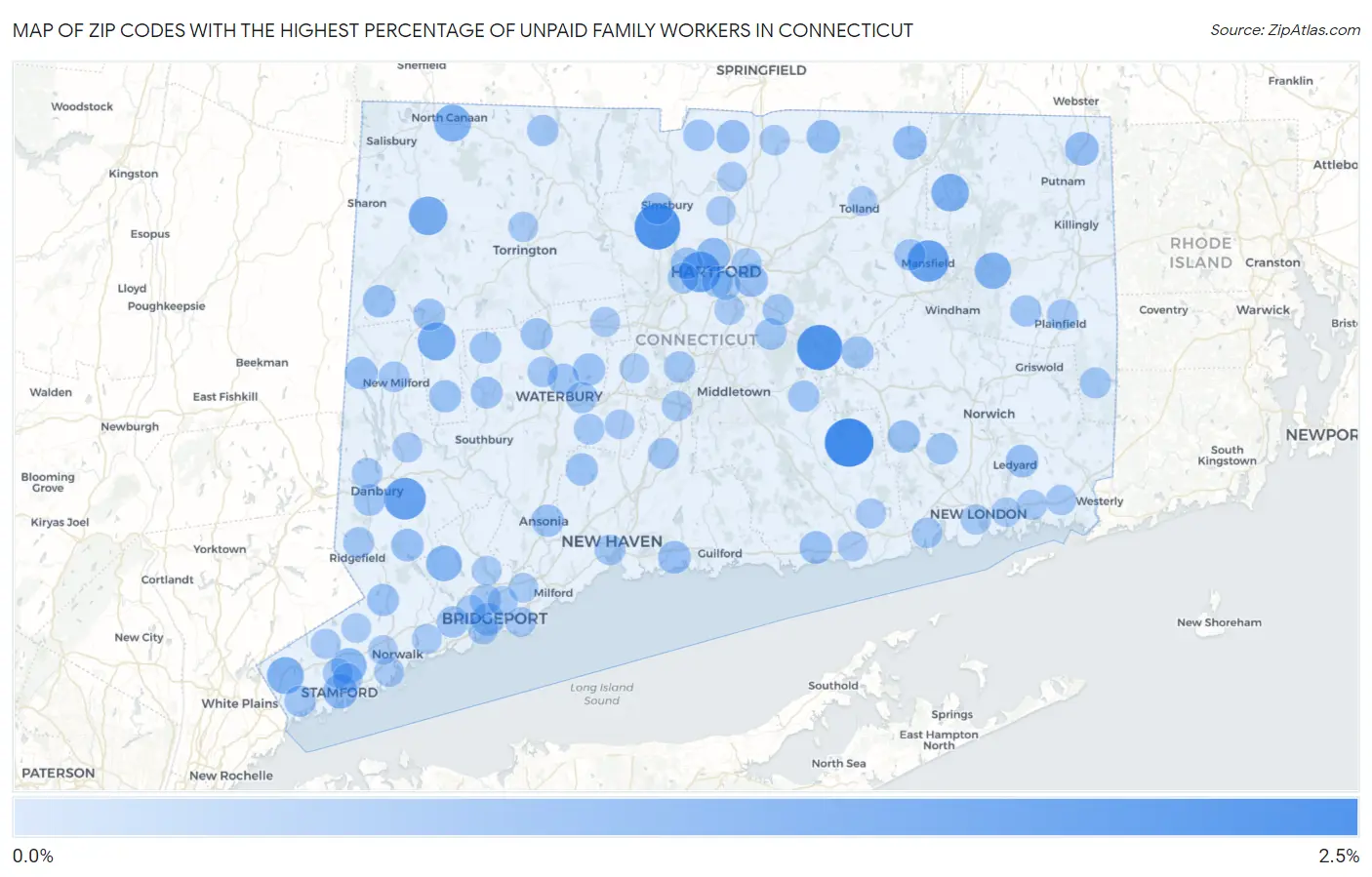 Zip Codes with the Highest Percentage of Unpaid Family Workers in Connecticut Map