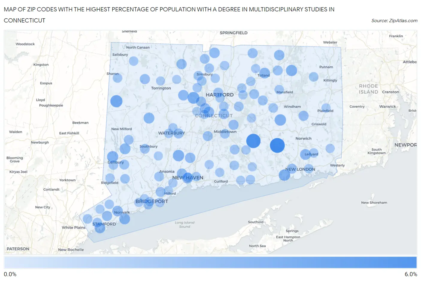 Zip Codes with the Highest Percentage of Population with a Degree in Multidisciplinary Studies in Connecticut Map