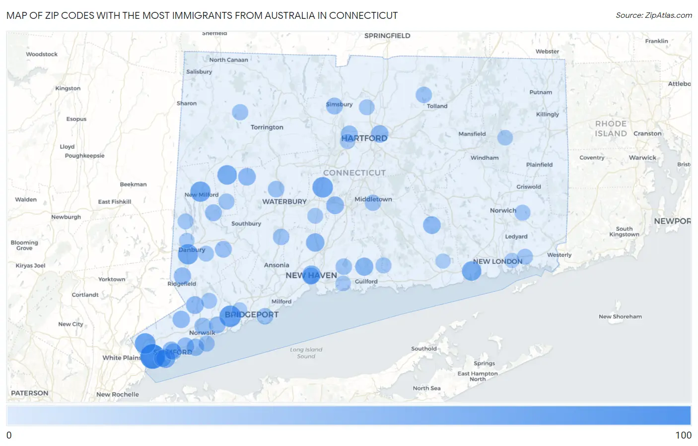 Zip Codes with the Most Immigrants from Australia in Connecticut Map
