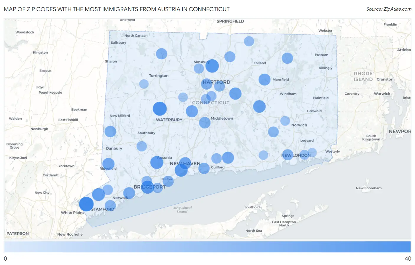 Zip Codes with the Most Immigrants from Austria in Connecticut Map