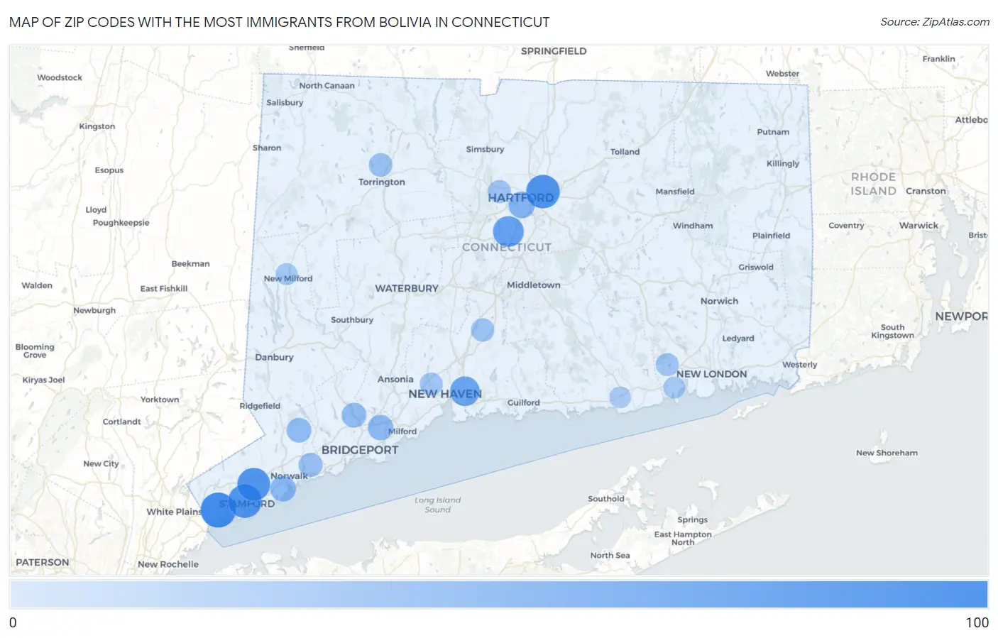 Zip Codes with the Most Immigrants from Bolivia in Connecticut Map