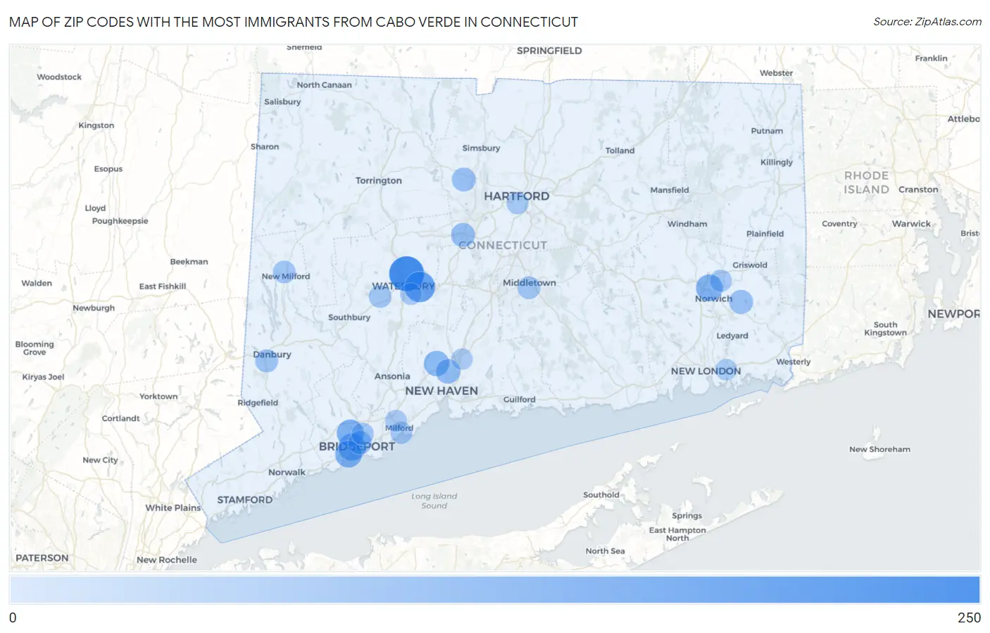Zip Codes with the Most Immigrants from Cabo Verde in Connecticut Map