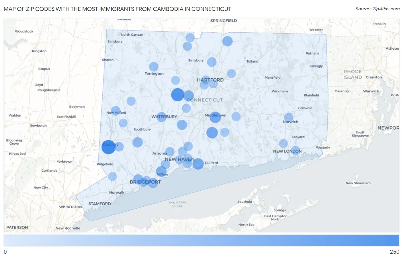 Zip Codes with the Most Immigrants from Cambodia in Connecticut Map