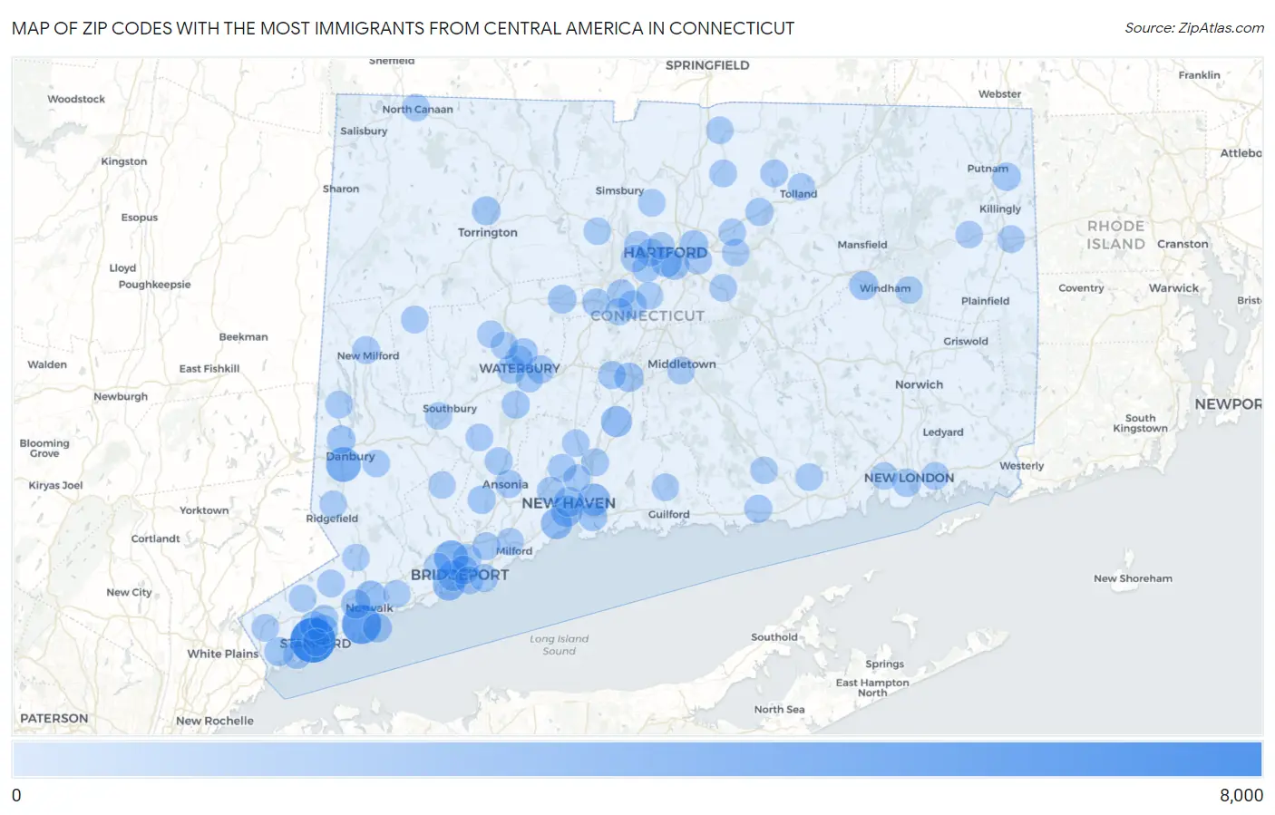 Zip Codes with the Most Immigrants from Central America in Connecticut Map