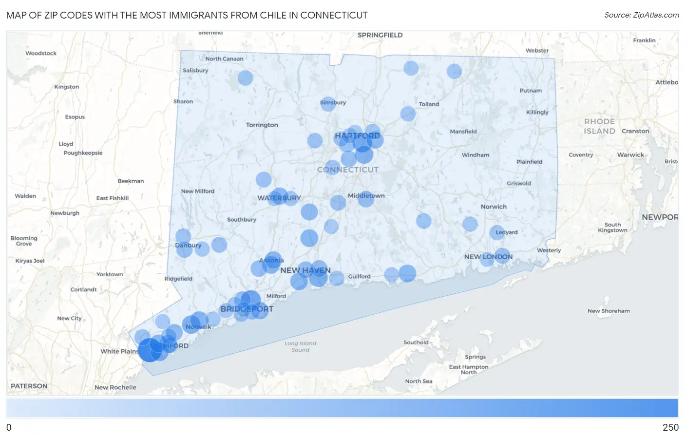 Zip Codes with the Most Immigrants from Chile in Connecticut Map