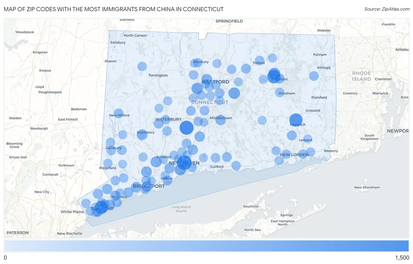 Zip Codes with the Most Immigrants from China in Connecticut Map