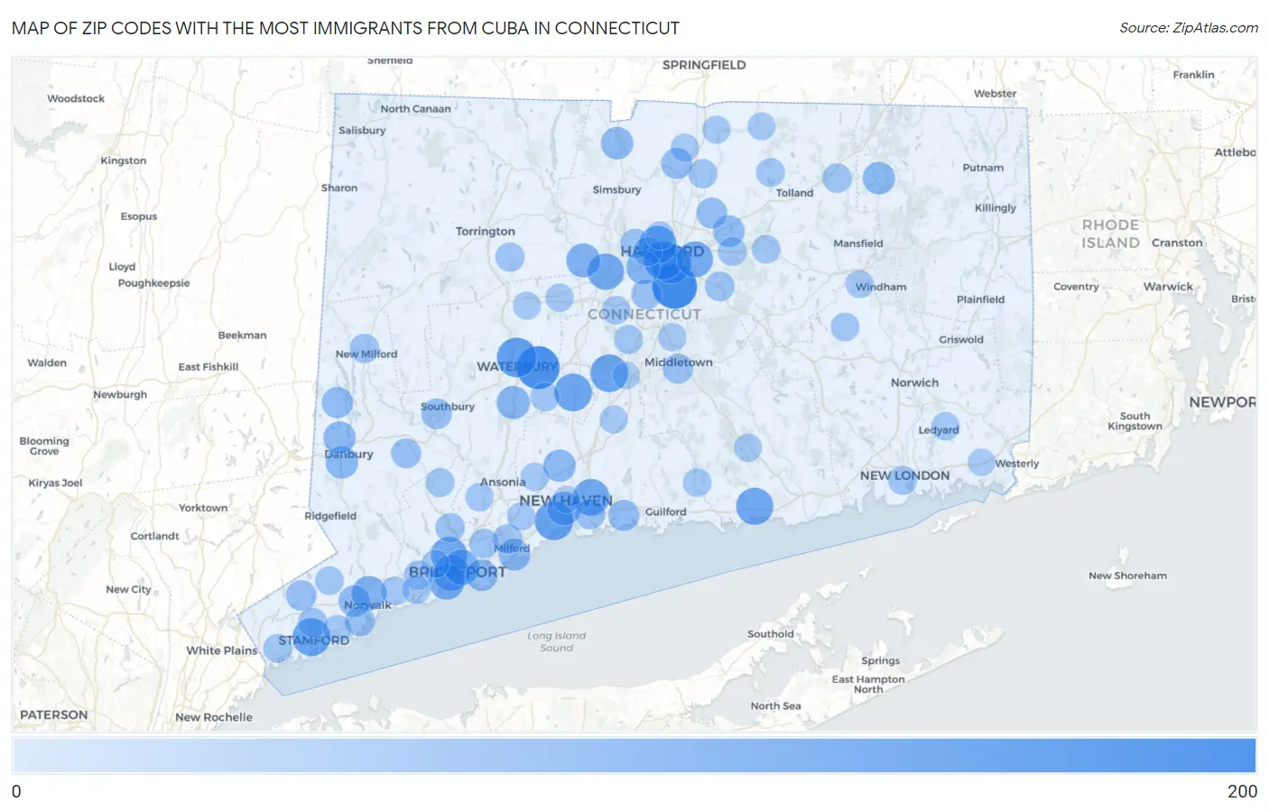 Zip Codes with the Most Immigrants from Cuba in Connecticut Map