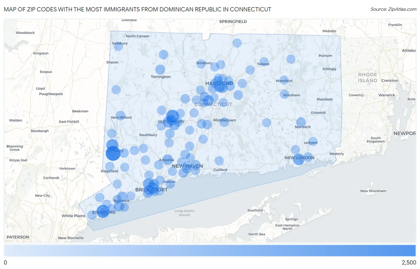 Zip Codes with the Most Immigrants from Dominican Republic in Connecticut Map