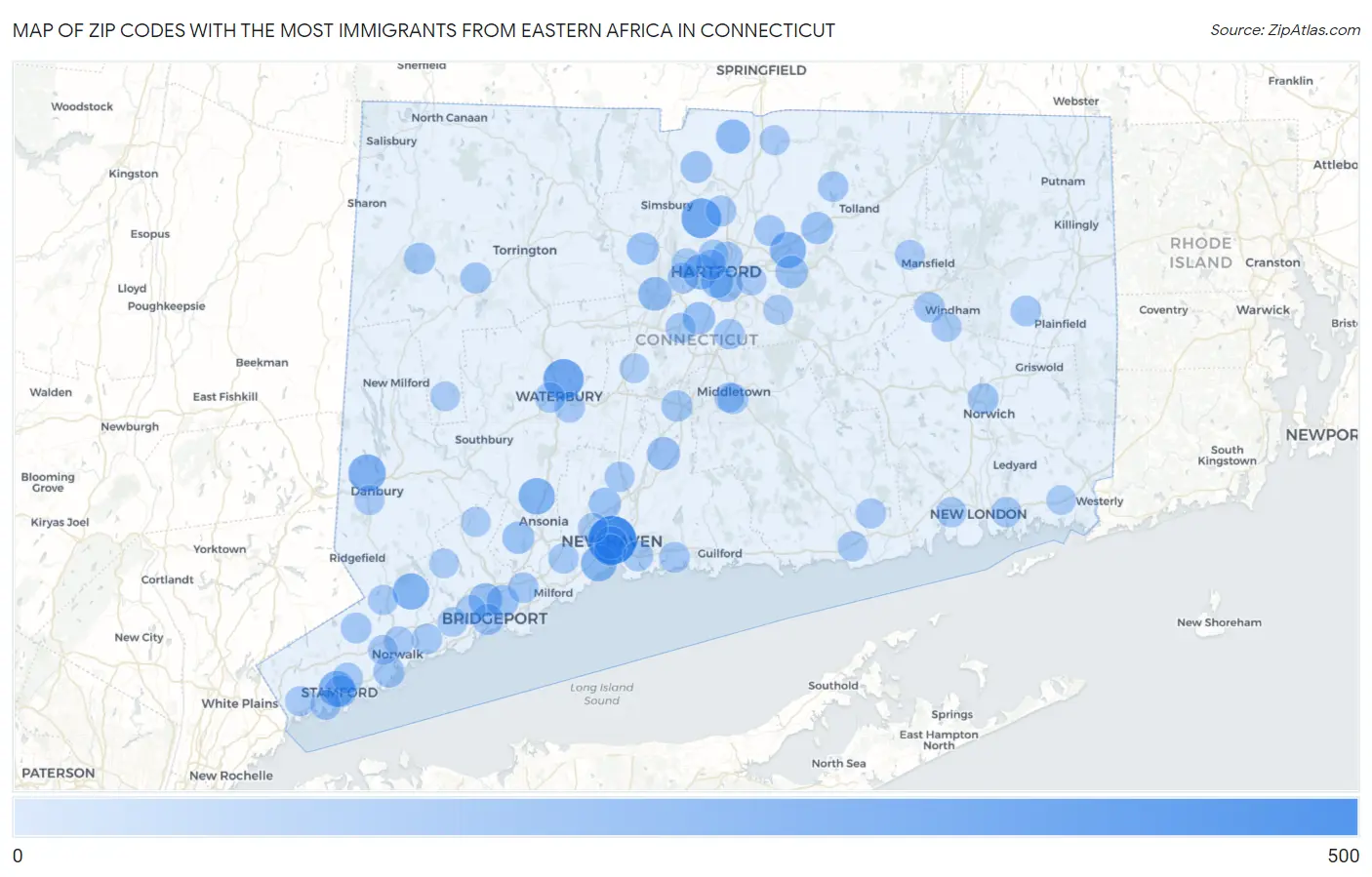 Zip Codes with the Most Immigrants from Eastern Africa in Connecticut Map
