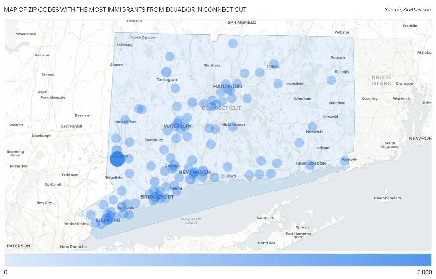 Zip Codes with the Most Immigrants from Ecuador in Connecticut Map
