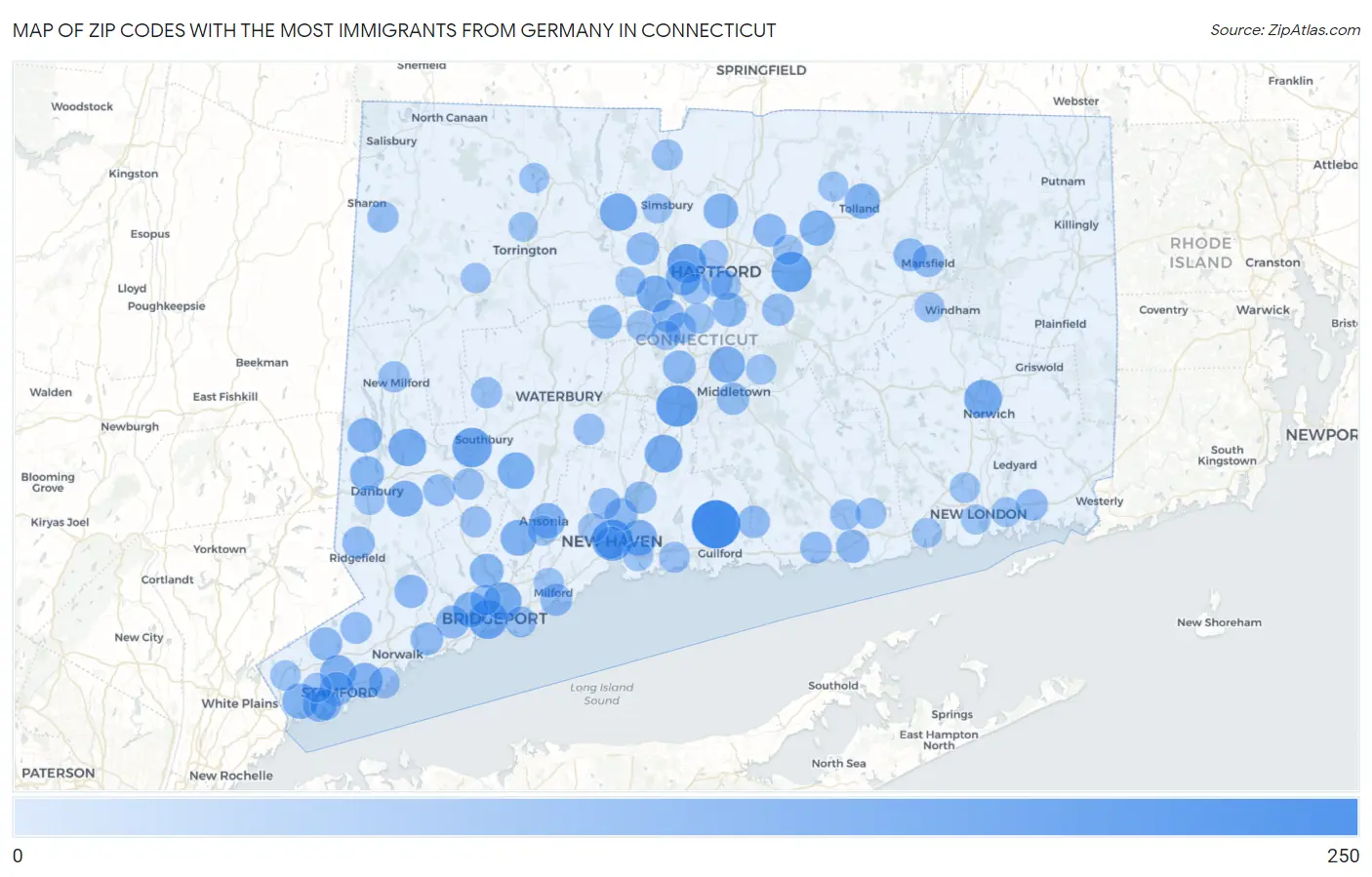 Zip Codes with the Most Immigrants from Germany in Connecticut Map