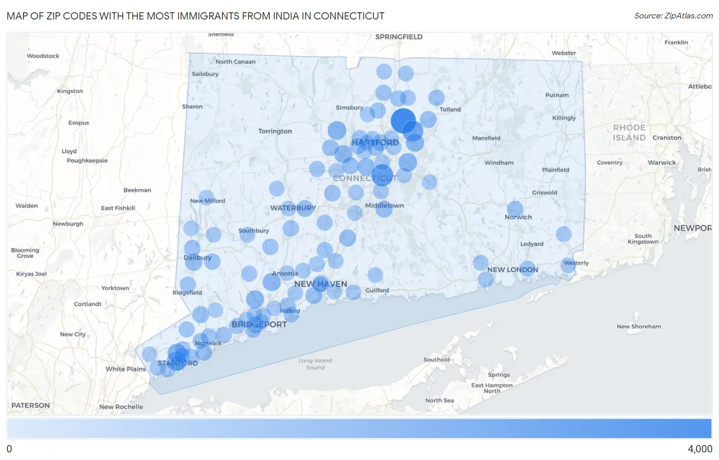 Zip Codes with the Most Immigrants from India in Connecticut Map