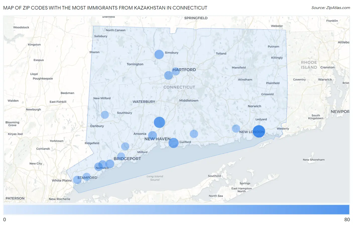 Zip Codes with the Most Immigrants from Kazakhstan in Connecticut Map