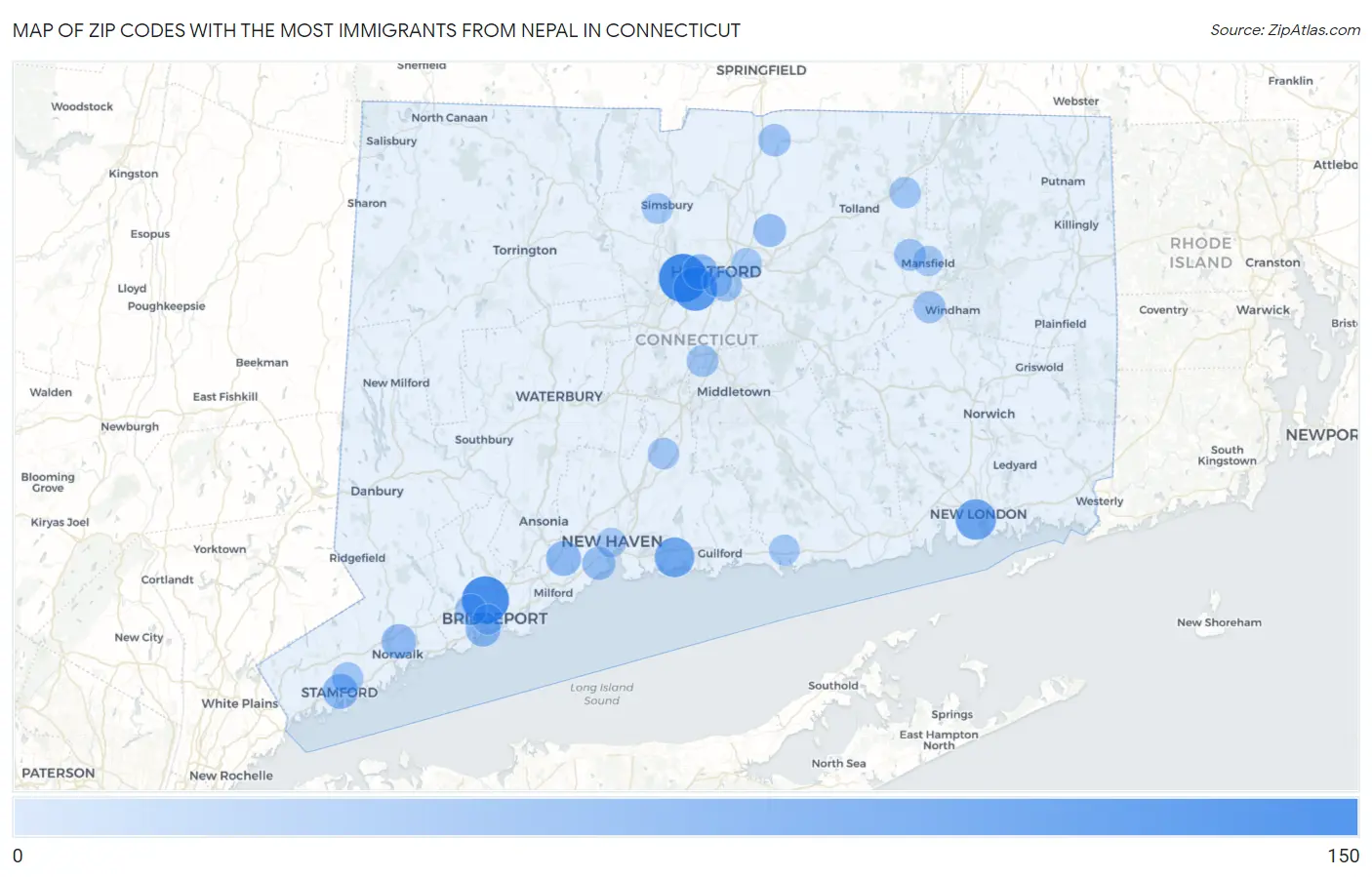 Zip Codes with the Most Immigrants from Nepal in Connecticut Map