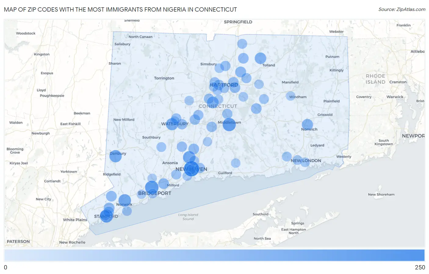 Zip Codes with the Most Immigrants from Nigeria in Connecticut Map