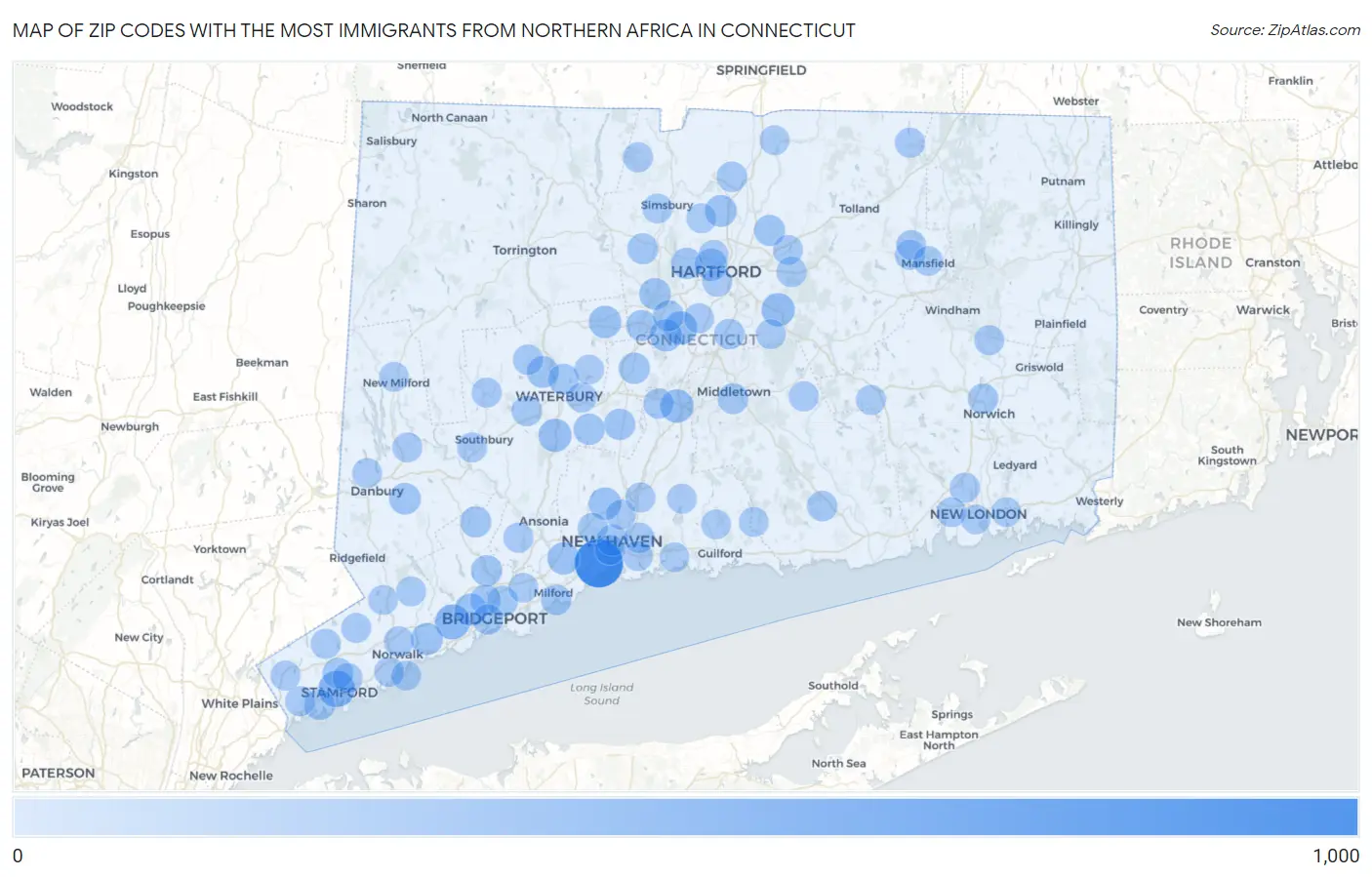 Zip Codes with the Most Immigrants from Northern Africa in Connecticut Map