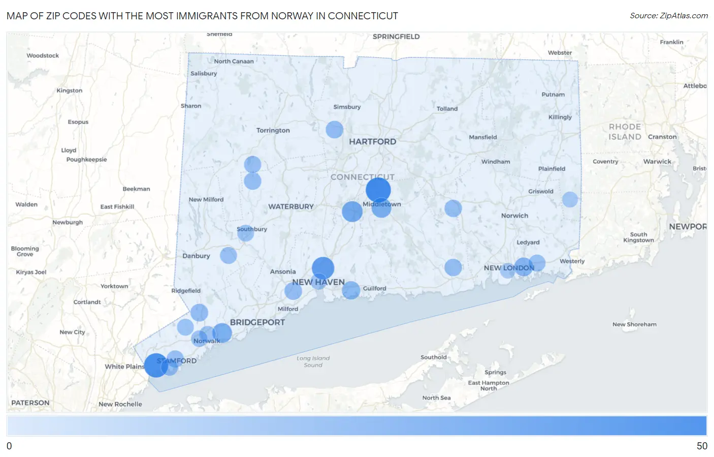 Zip Codes with the Most Immigrants from Norway in Connecticut Map