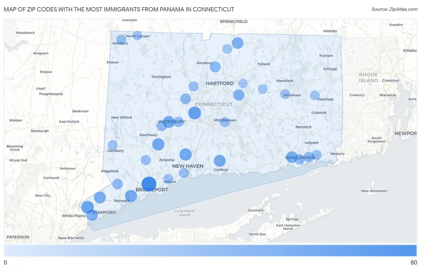 Zip Codes with the Most Immigrants from Panama in Connecticut Map