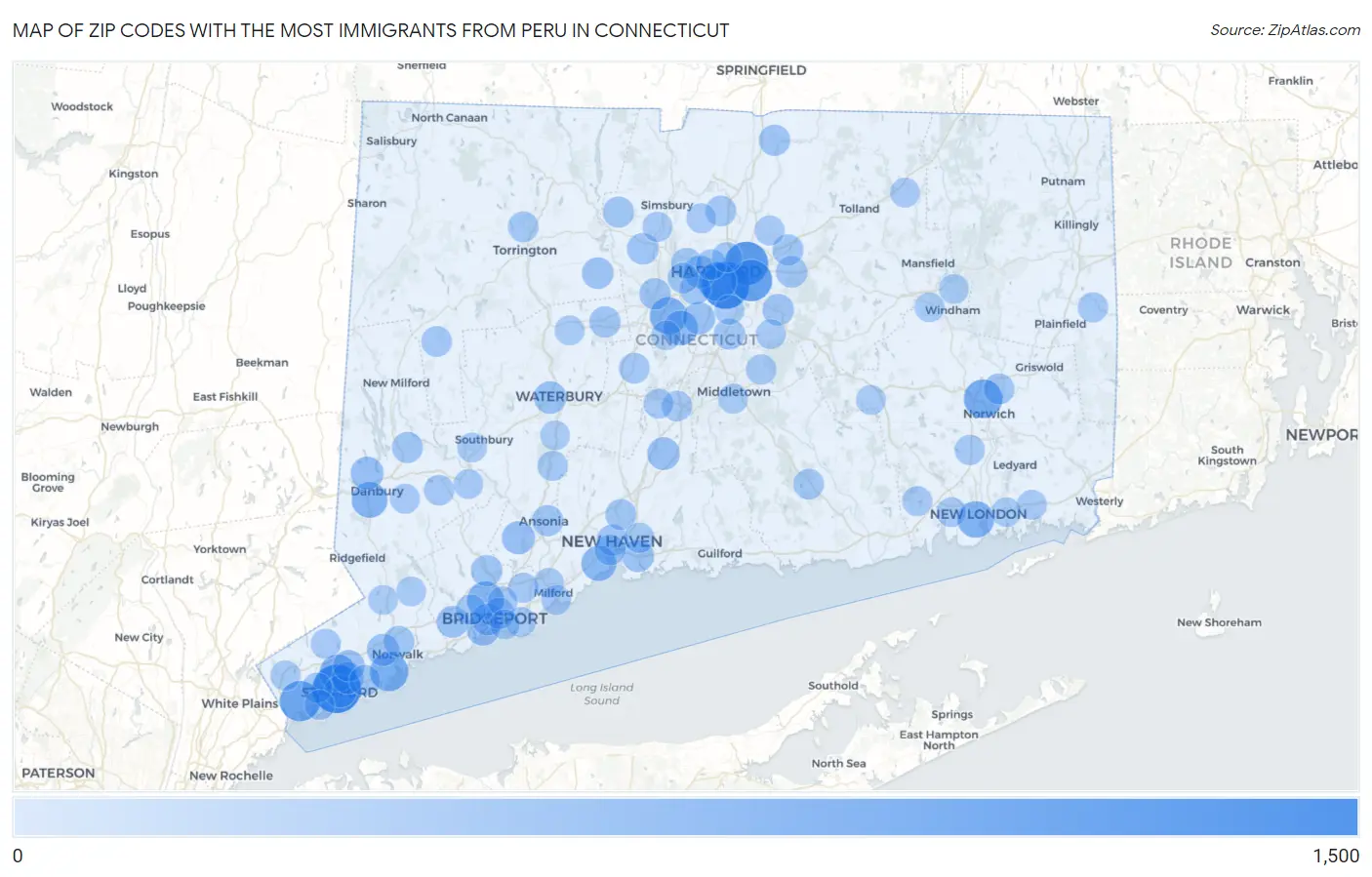 Zip Codes with the Most Immigrants from Peru in Connecticut Map