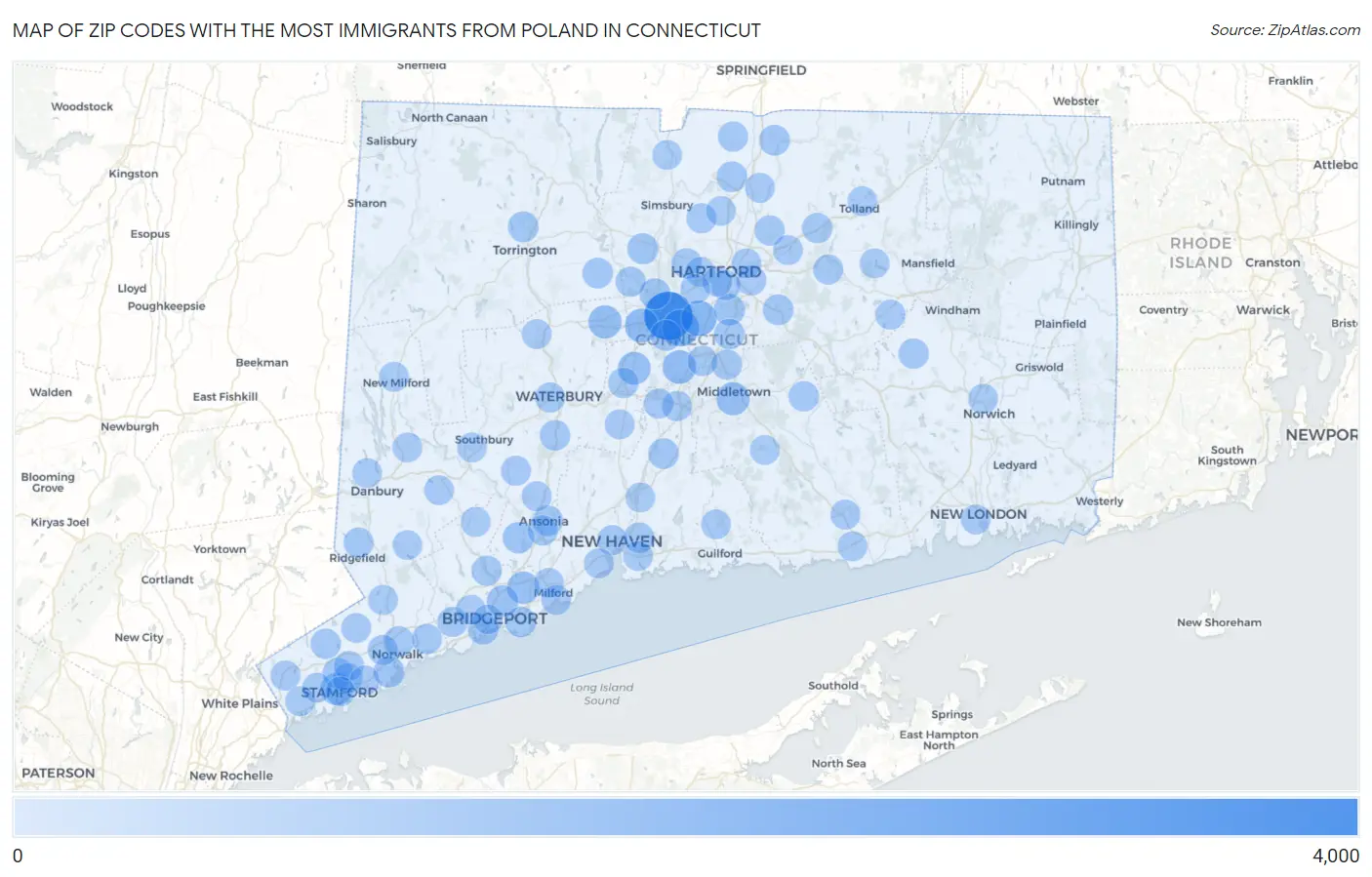 Zip Codes with the Most Immigrants from Poland in Connecticut Map