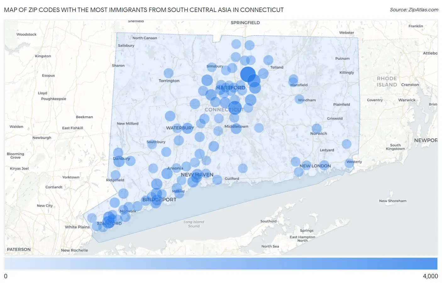 Zip Codes with the Most Immigrants from South Central Asia in Connecticut Map