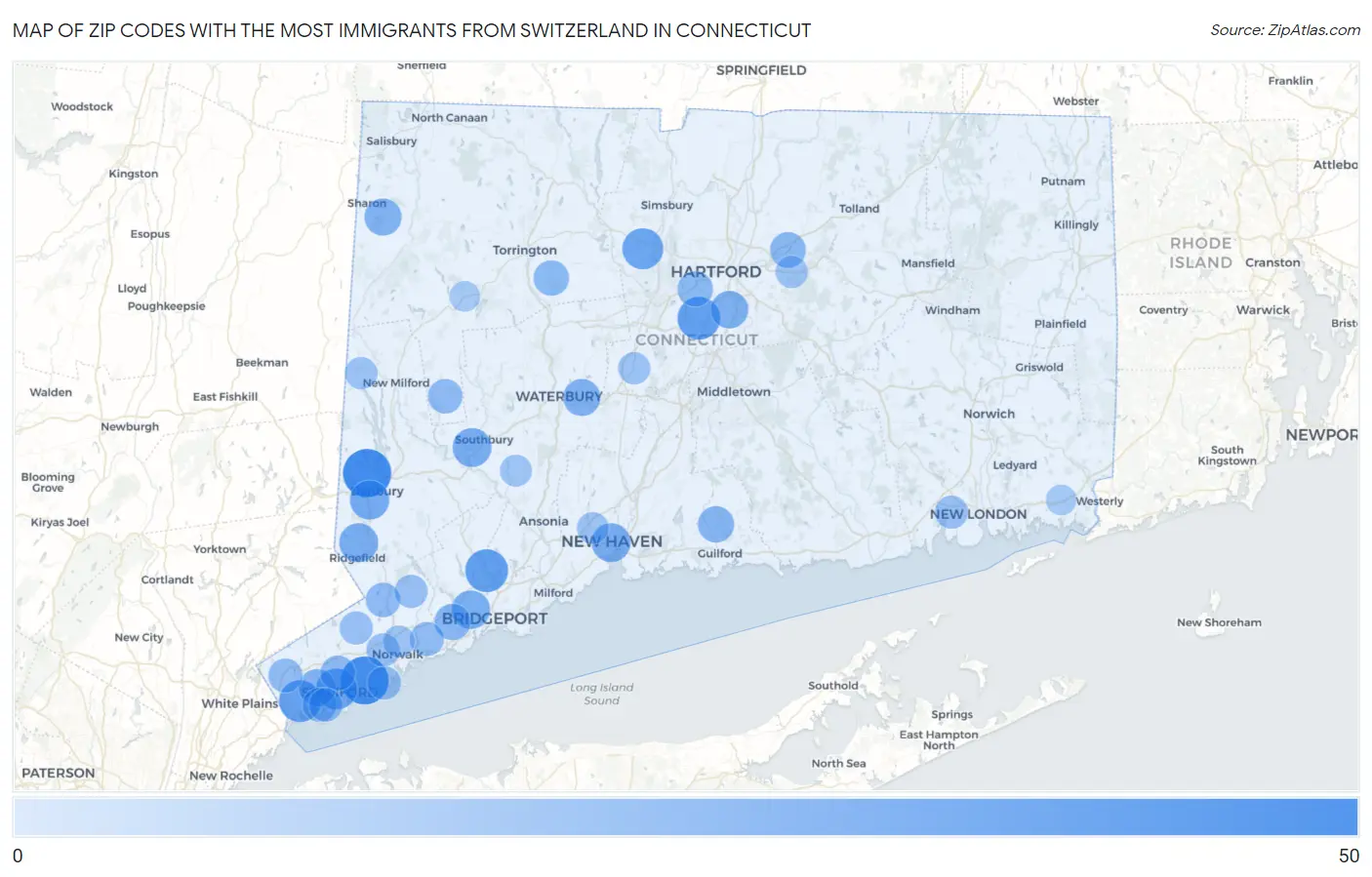 Zip Codes with the Most Immigrants from Switzerland in Connecticut Map