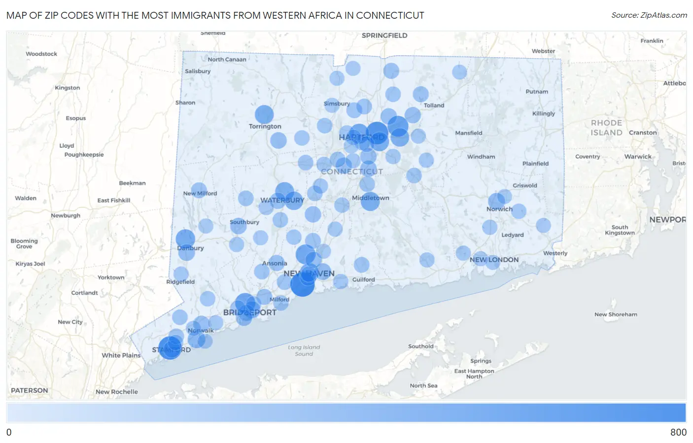 Zip Codes with the Most Immigrants from Western Africa in Connecticut Map