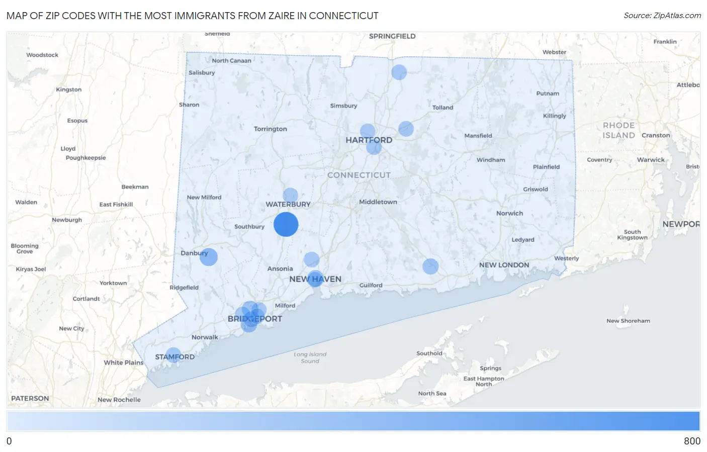 Zip Codes with the Most Immigrants from Zaire in Connecticut Map