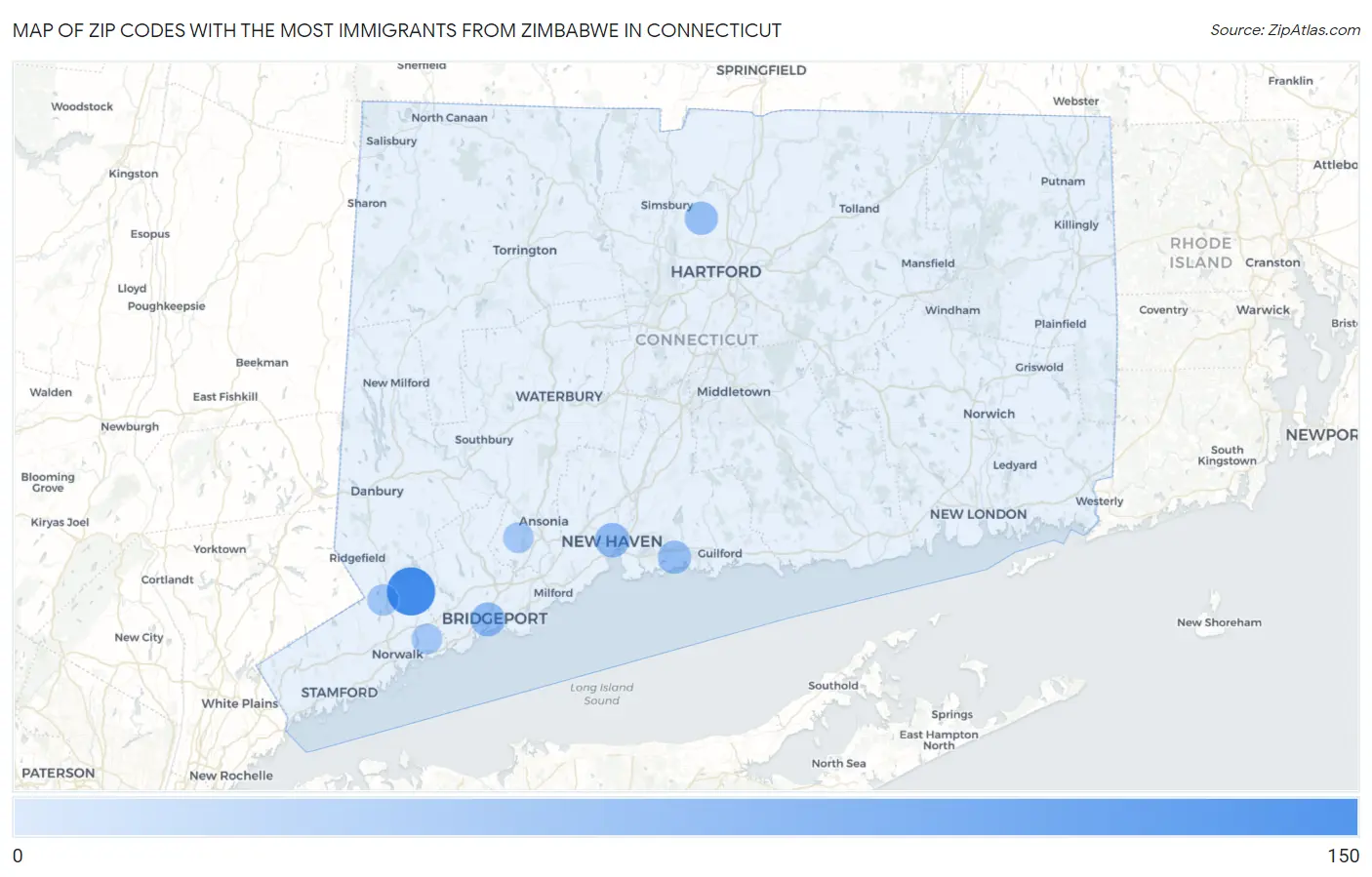 Zip Codes with the Most Immigrants from Zimbabwe in Connecticut Map
