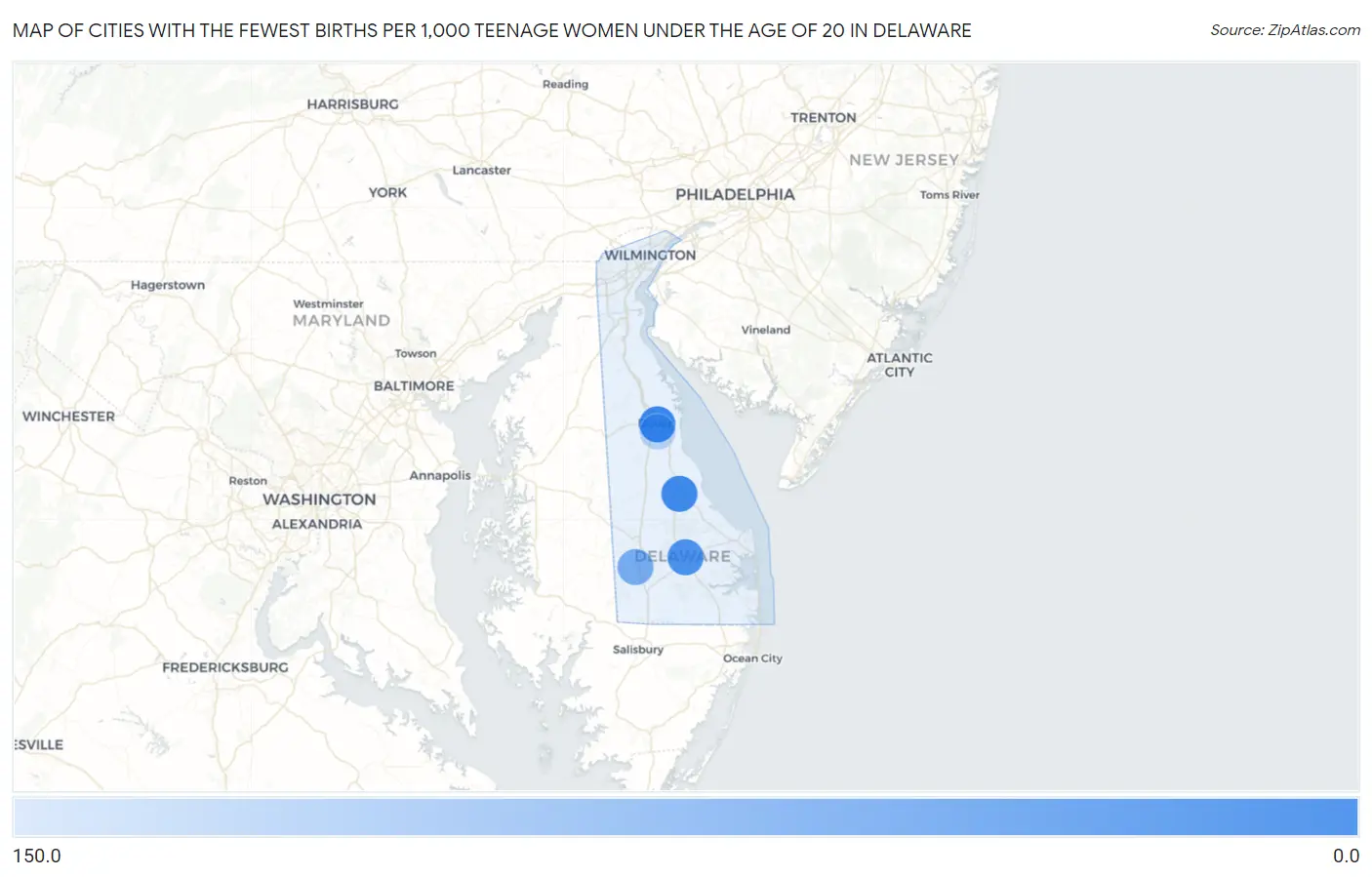Cities with the Fewest Births per 1,000 Teenage Women Under the Age of 20 in Delaware Map