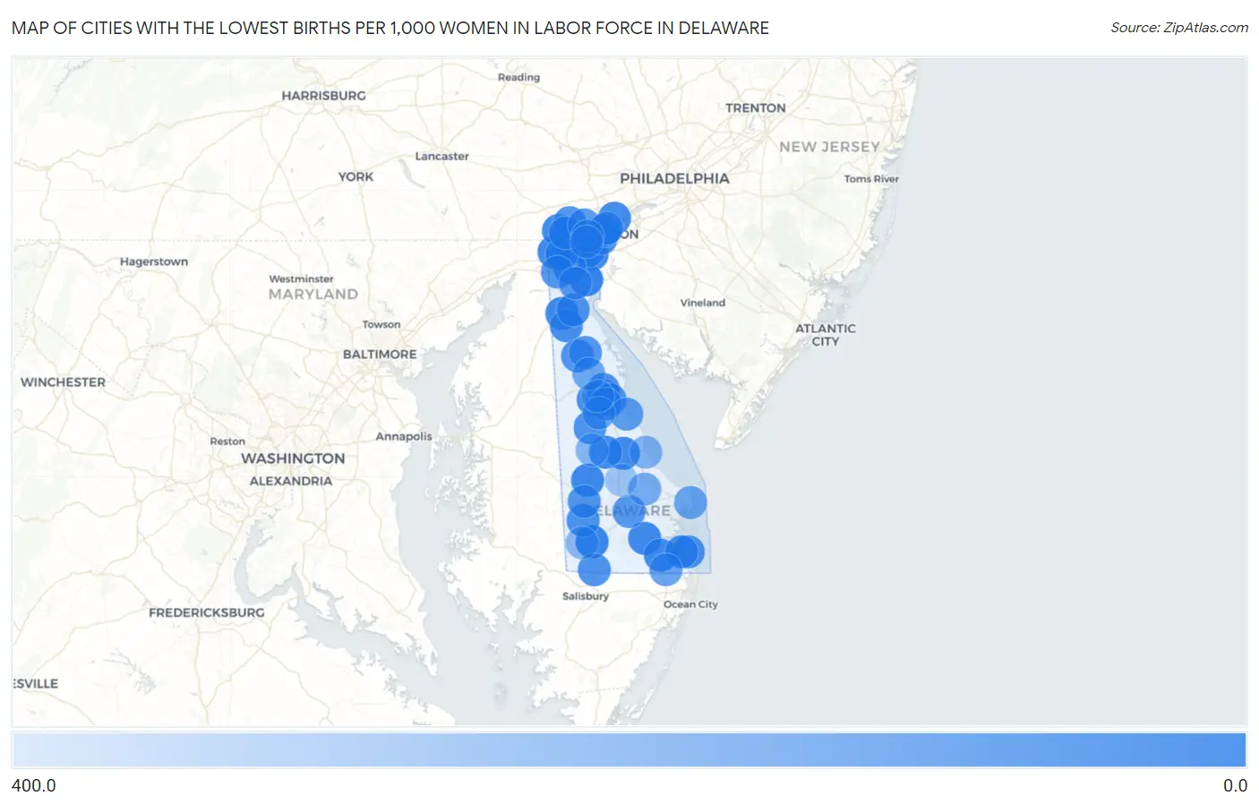 Cities with the Lowest Births per 1,000 Women in Labor Force in Delaware Map