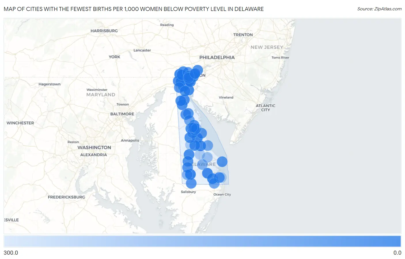 Cities with the Fewest Births per 1,000 Women Below Poverty Level in Delaware Map