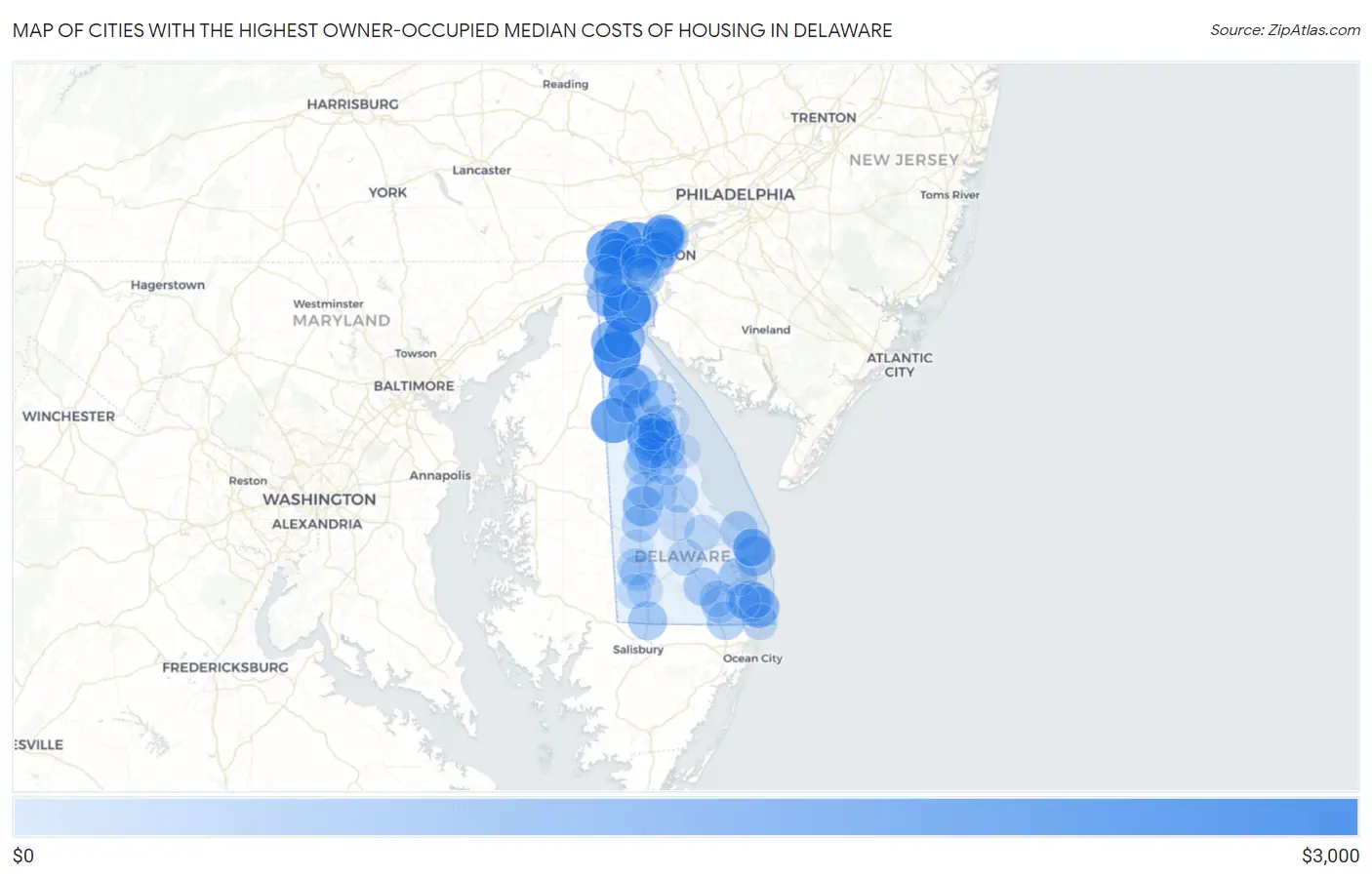 Cities with the Highest Owner-Occupied Median Costs of Housing in Delaware Map