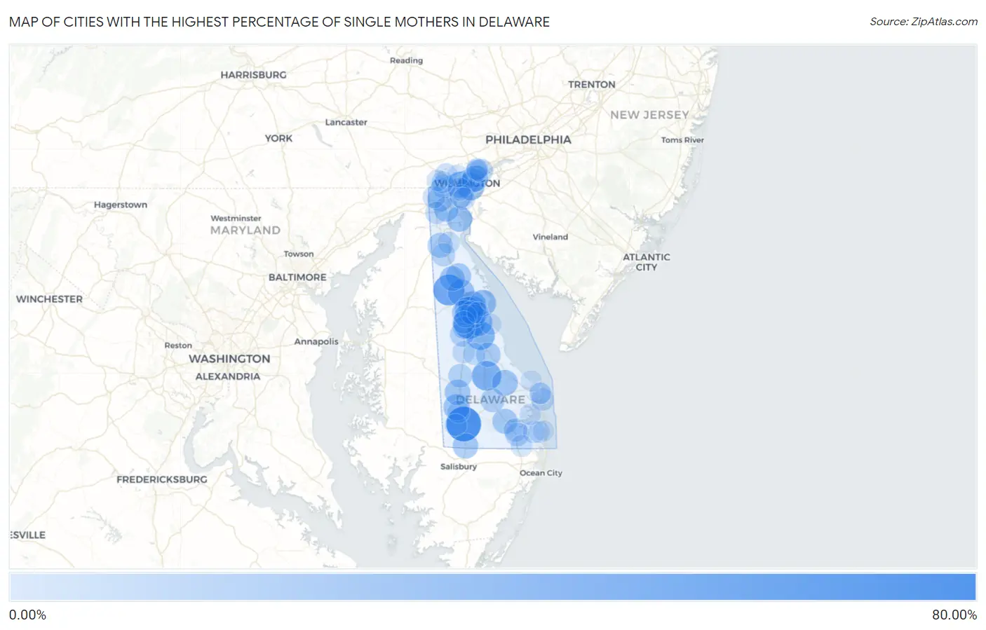 Cities with the Highest Percentage of Single Mothers in Delaware Map