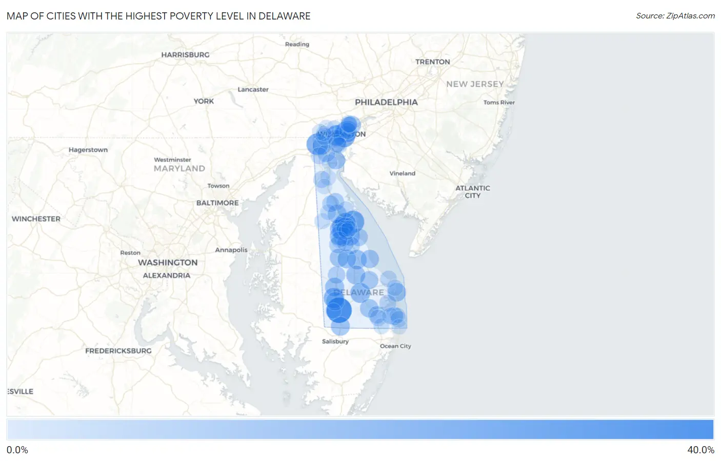 Cities with the Highest Poverty Level in Delaware Map