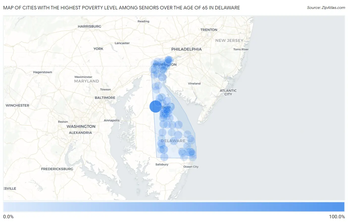 Cities with the Highest Poverty Level Among Seniors Over the Age of 65 in Delaware Map